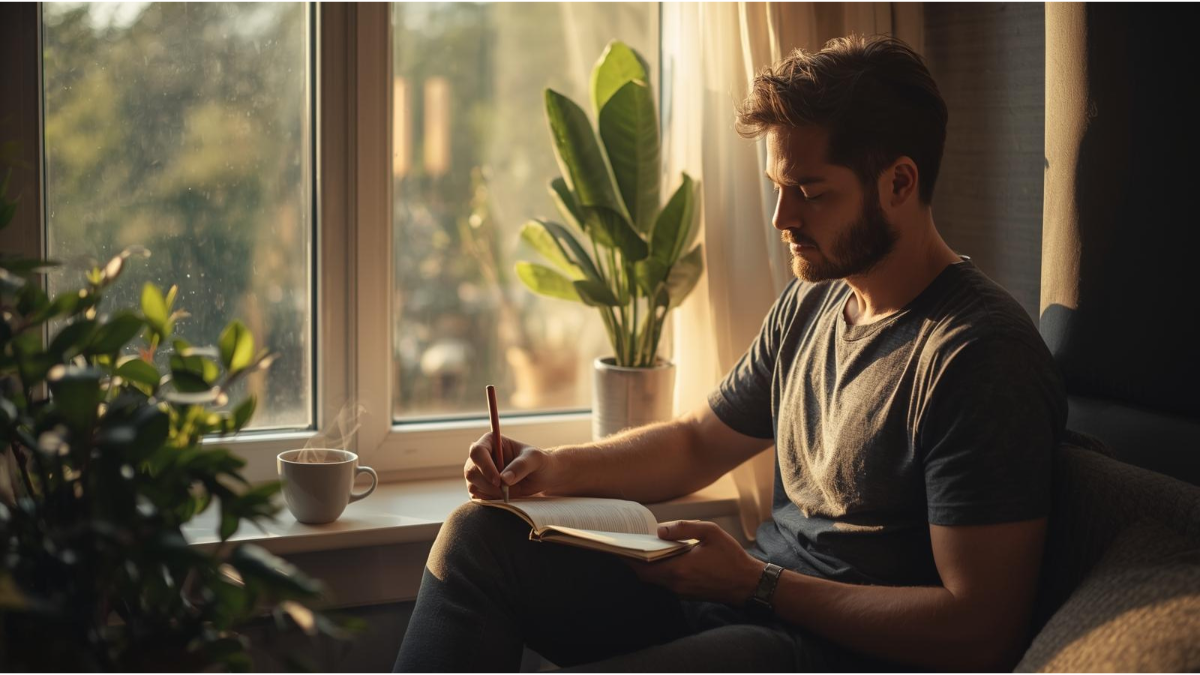 Daily gratitude practice shown through morning journaling with positive reflections and calm intention