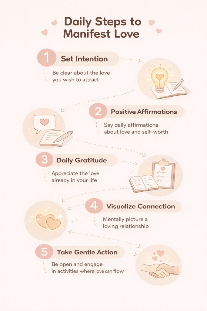 Daily steps showing how to manifest love through intention, affirmations, gratitude, and visualization