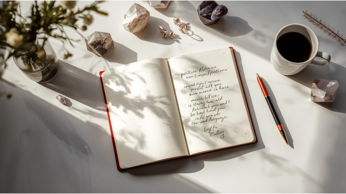 Manifestation journal open with affirmations, clear goals and positive thoughts in a cozy, inspiring setup