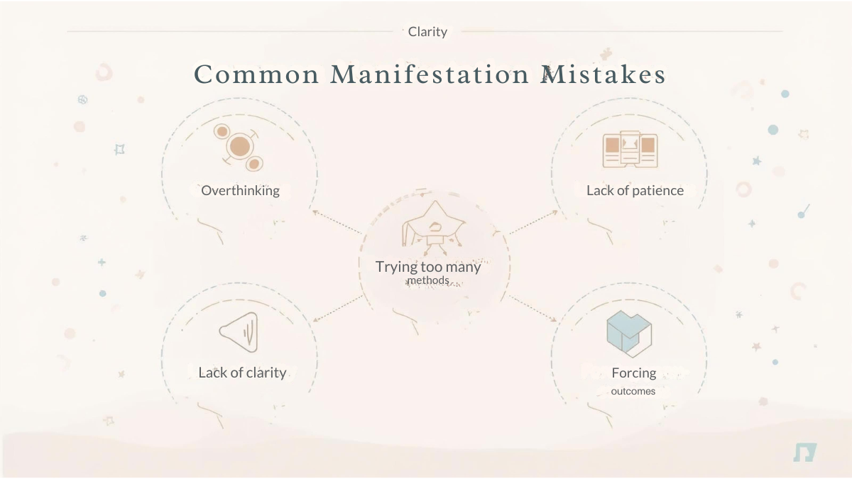 Manifestation mistakes to avoid shown through simple educational icons and labels