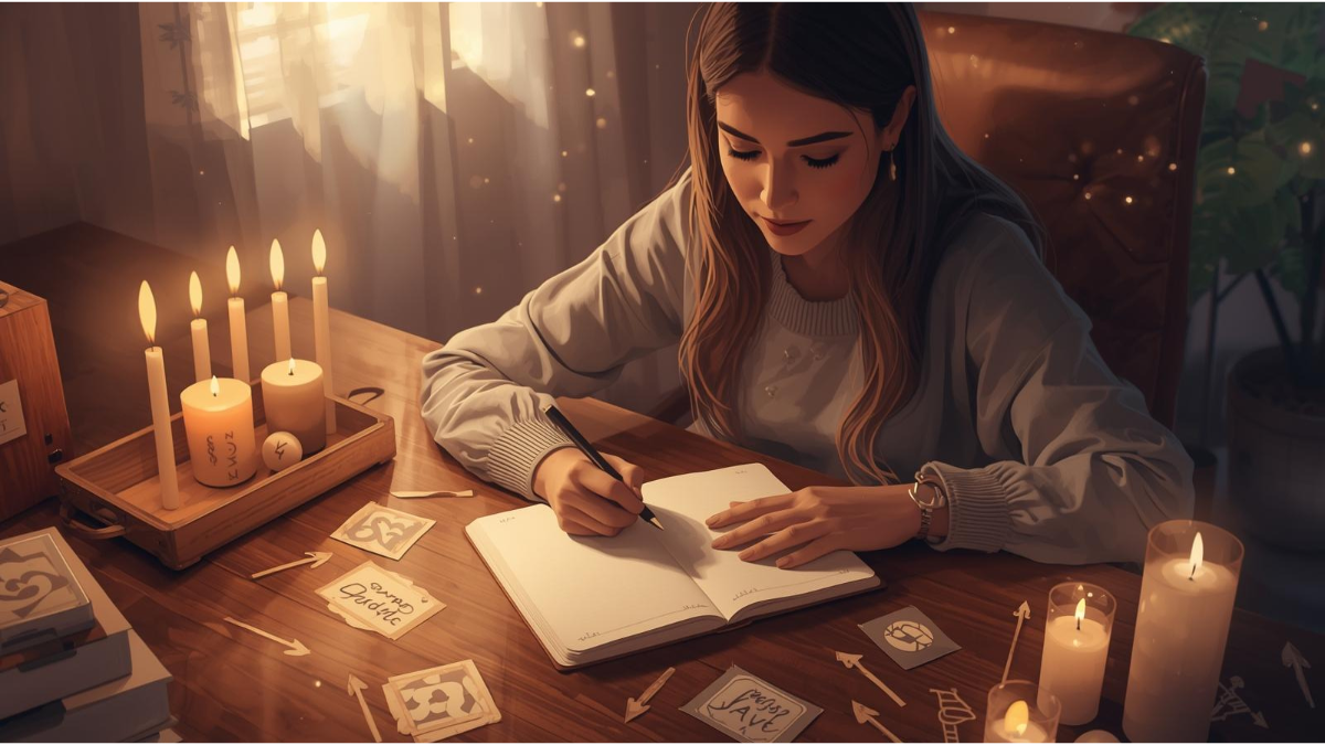 “Person practicing the 55×5 manifestation method by writing affirmations in a journal with a calm and focused atmosphere”