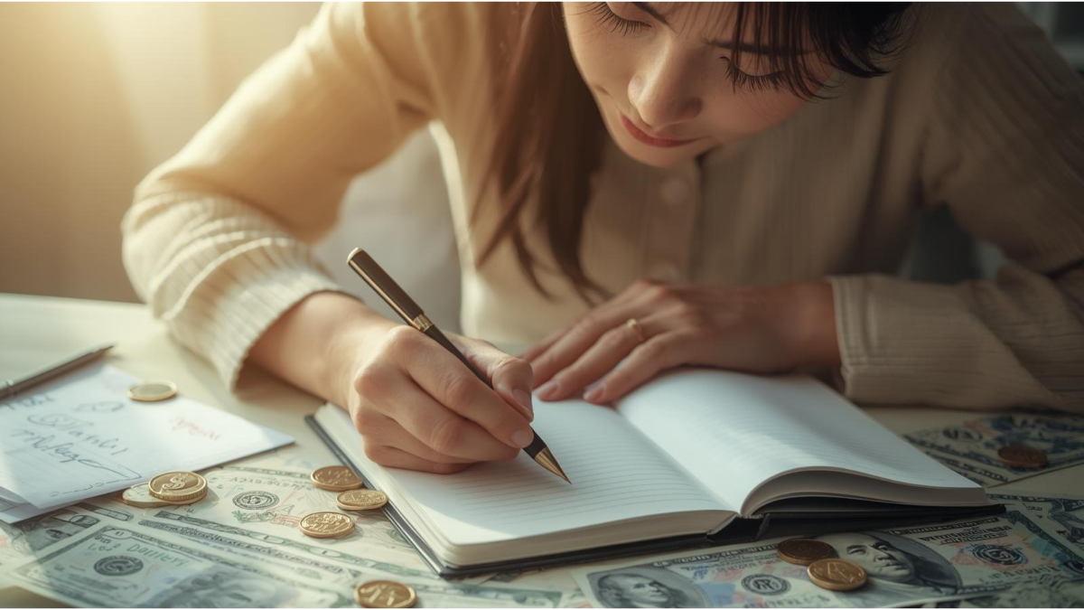 Person practicing the manifest money fast method in a journal with clear money goals and positive intentions