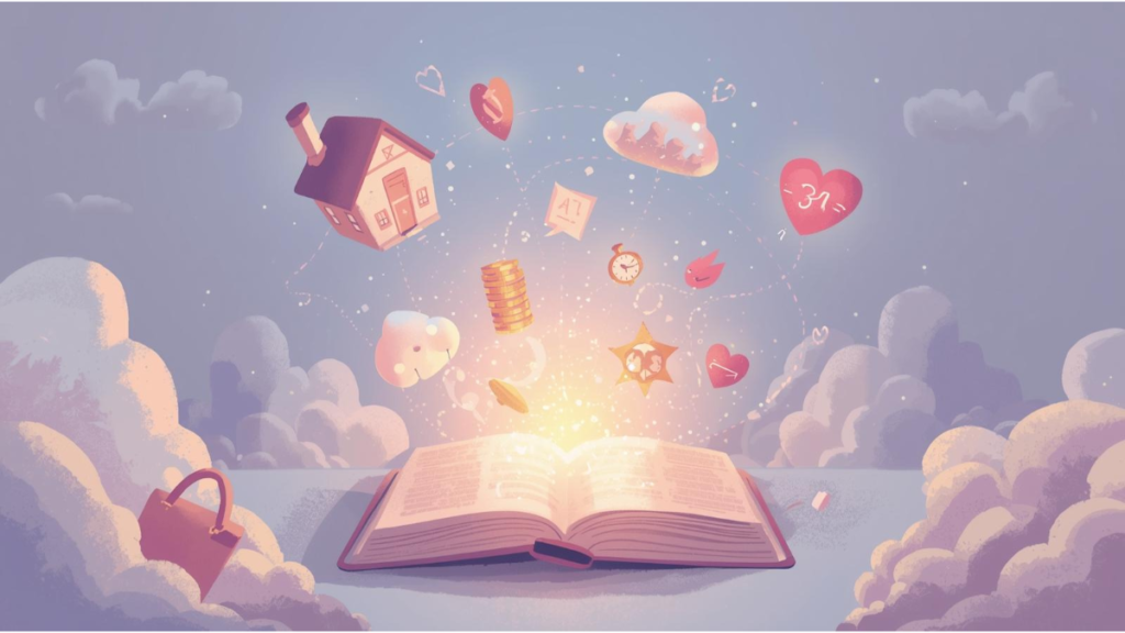 Symbols of goals and dreams connected to a glowing journal for manifestation inspiration