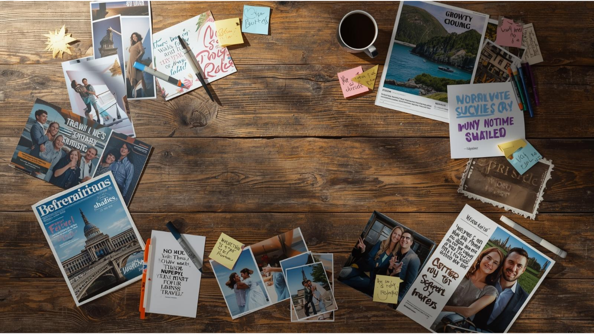 Vision board manifestation flatlay showing goal images and motivational quotes for attracting dreams