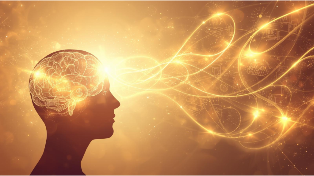 Visual representation of the law of attraction basics showing thoughts turning into realities with positive energy