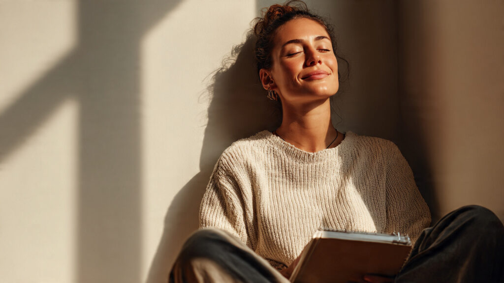 Woman sitting calmly near a window, pausing with a notebook to visualize goals with clarity and focus