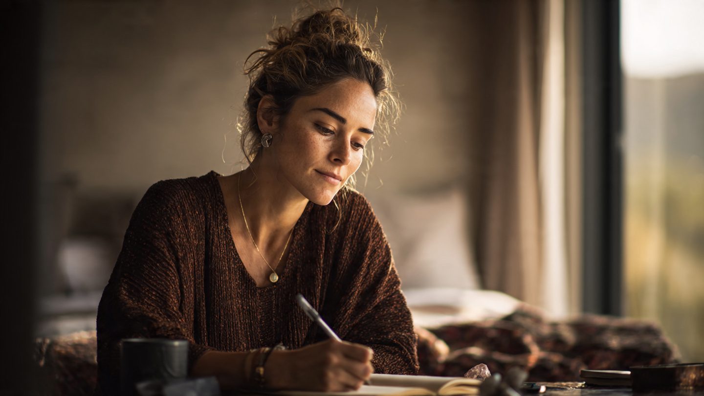 Woman writing in a notebook by a window in natural light, representing clarity, intention, and simple manifestation practices