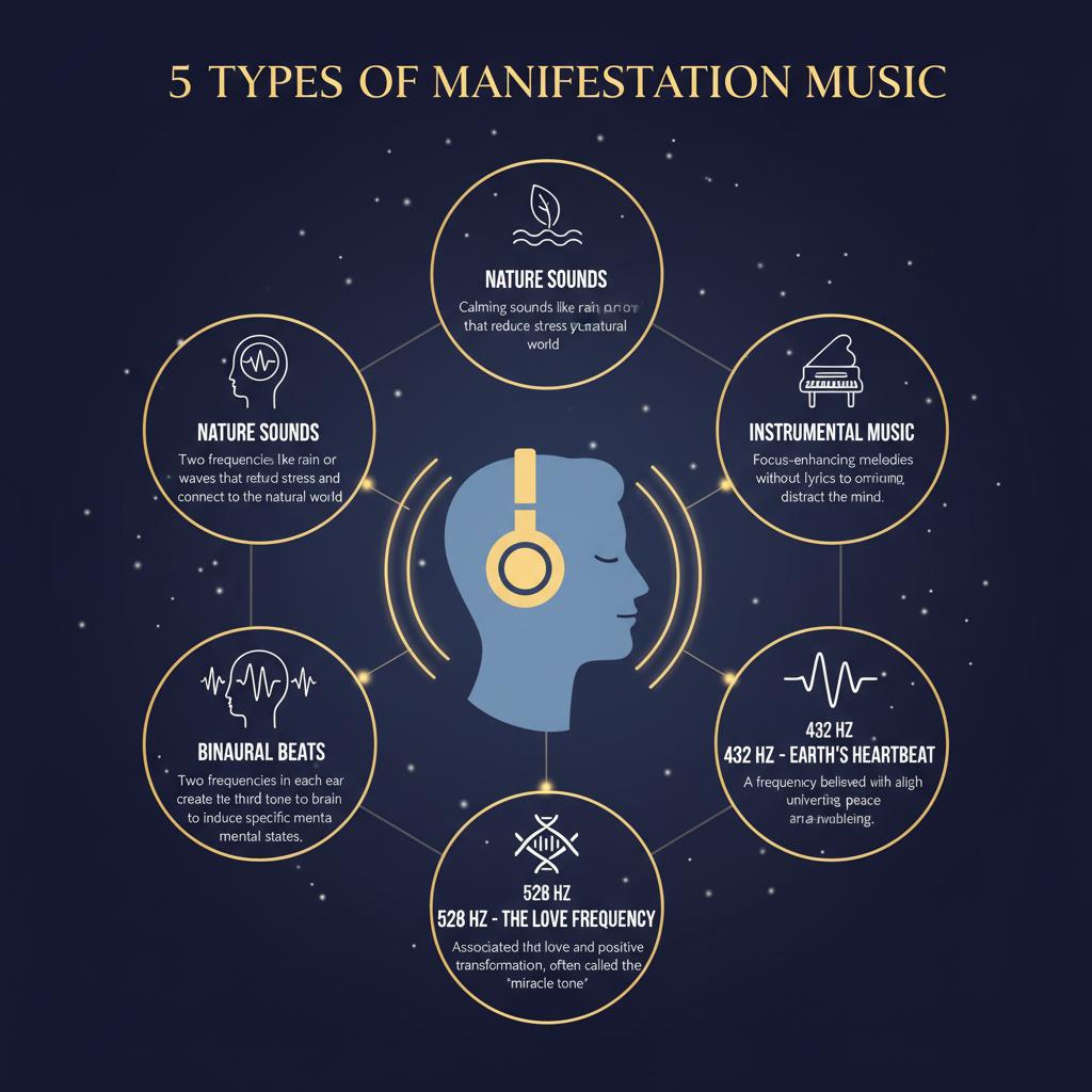 Infographic explaining types of manifestation music such as nature sounds, binaural beats, instrumental music, and healing frequencies